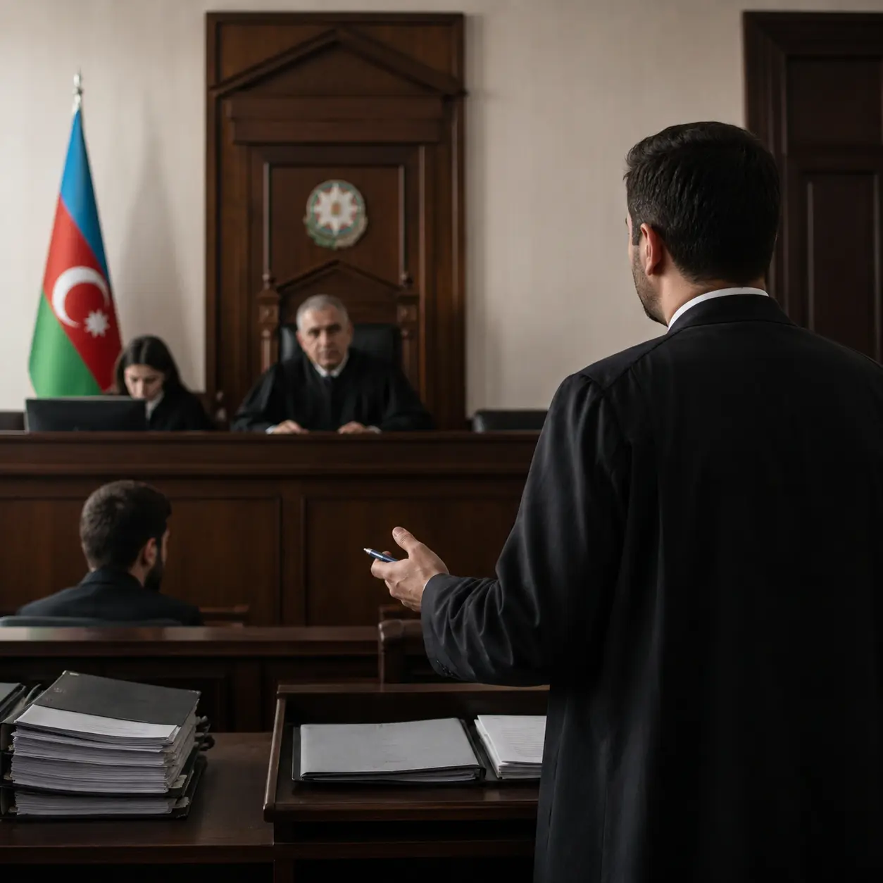 Criminal defense lawyer representing a client in an Azerbaijan courtroom during a defamation and private prosecution case hearing
